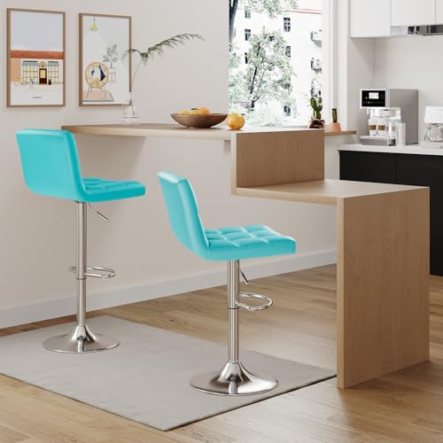 Image of Furmax Bar Stools Modern Pu Leather Swivel Adjustable Hydraulic Bar Stool Square Counter Height Stool Set of 2 (Blue)