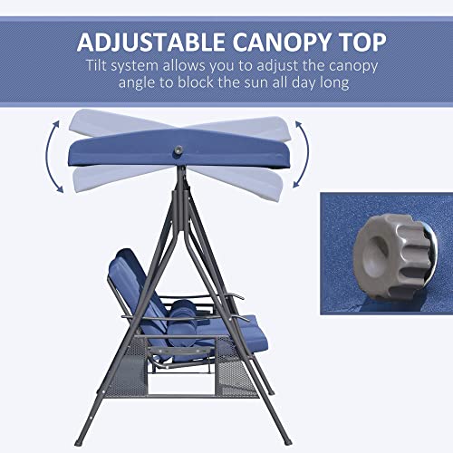 Image of Outsunny 2-Person Patio Swing Bench with Adjustable Shade Canopy, Soft Cushions, Throw Pillows and Tray, Dark Blue