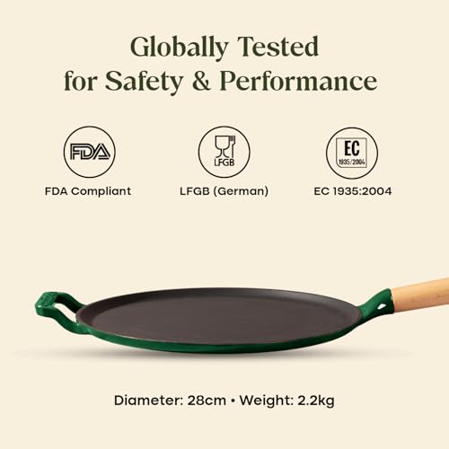 Image of CUMIN CO. Cast Iron Non Stick Dosa Tawa 28 cm | Induction Base Cookware | 10 Year Warranty | Chemical Free Coating | Non Toxic Tawa for Dosa /Chilla | Free Accessories | No Seasoning Needed | Green