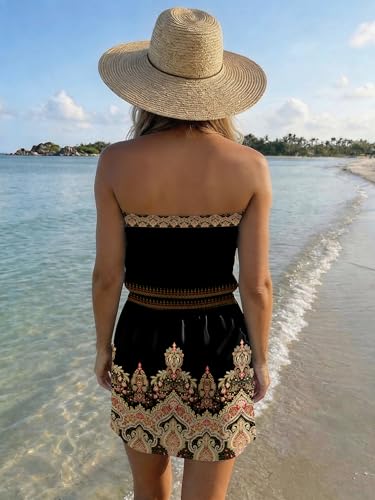 Image of Summer Dress for Women Strapless Beach Cover Ups Boho Sundress Mini Dress Drawstring Waist with Pockets