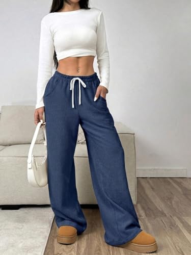 Image of Women's Trendy Korean Trouser with Pockets, Casual Corduroy Stretchable Baggy Loose || High Rise Elastic Waist Going Out Lounge Pants || Wide Leg Pants for Woman