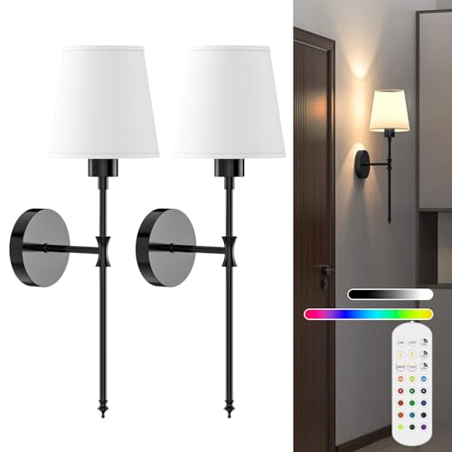 viyawise Battery Operated Wall Sconce Set of 2 Rechargeable Wireless Wall Sconces Wall Lamps with Dimmable and Remote, 12 Colors Wall Lights with RGB Bulb for Bedroom Living Room Hallway Decor(Black)