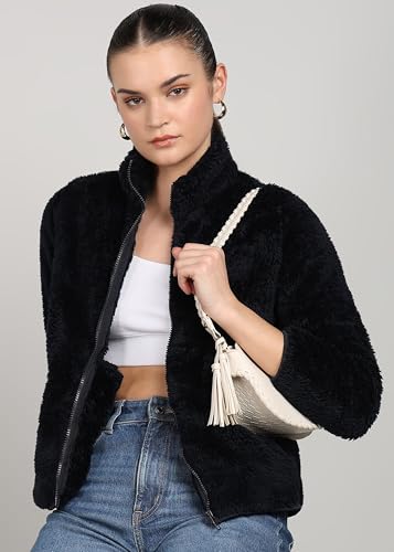 Image of Alan Jones Clothing Women's Fluffy Yarn Fleece Full-Zip Jacket | Soft Lightweight Warm Outerwear with Stand Collar & Piping at Hem & Cuffs