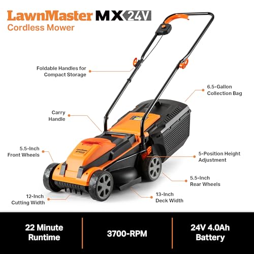 Image of LawnMaster 20VMWGT 24V Max 13-inch Lawn Mower and Grass Trimmer 10-inch Combo with 2x4.0Ah Batteries and Charger