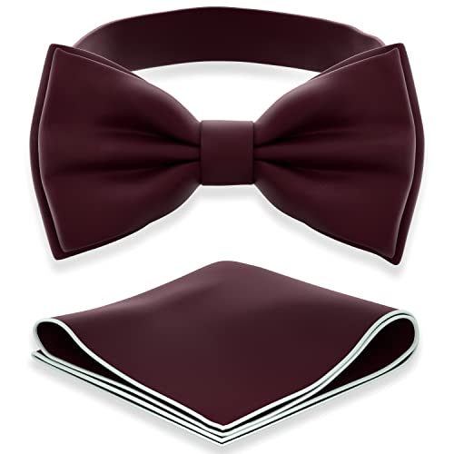 Adam Young Boy's Maroon Bow Tie With Handkerchief Set Pre-Tied Style Formal Satin Classic Bowtie For Tuxedo Faux Silk (Medium, Wine Red) #TOP23