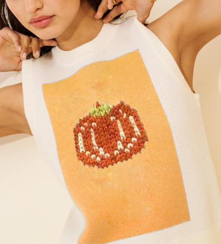 Image of Women Graphic Sweater Vest Y2k Sleeveless Lobster Pullover Top Crew Neck Lightweight Fall Knit Tank Top (Pumpkin Yellow,M)
