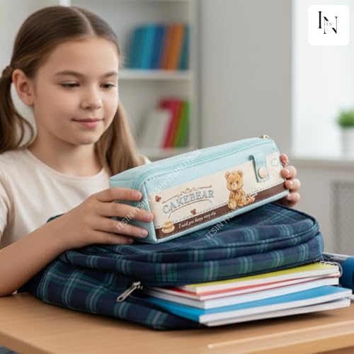 Image of Large Capacity Pencil Pouch Aesthetic Pencil Bag Multiple Compartments Girl Cute Stationery School College Pouch Travel Pouch for Girls Kids School Accessories (Blue Cakebear)