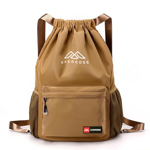 Drawstring Backpack for Women Men Sport Gym Bag Water Resistant Backpack Sandproof Beach Bag With Mesh Pockets (Khaki)