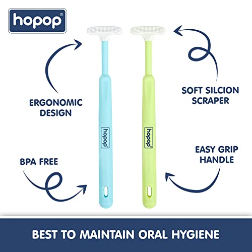 Image of Hopop Tongue Cleaner for Baby | Tender Baby Oral Cleaner Toothbrush with Silicone Scraper | Suitable from 6+ Months | 100% Safe Kids Tongue Cleaner | Pack of 2 | Blue & Green