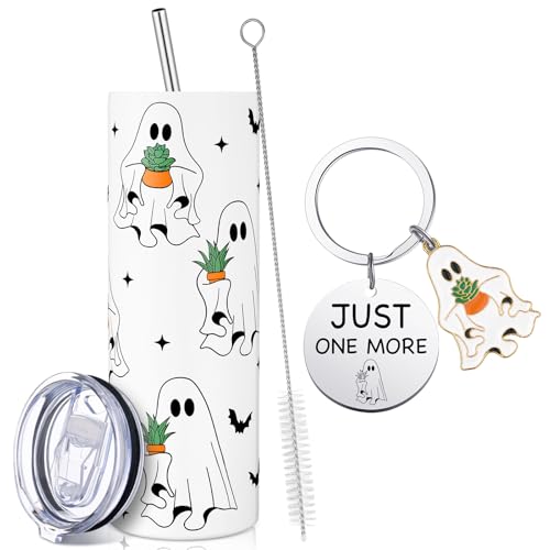 Geiserailie Halloween Ghost Tumbler Funny Plant Lover Gifts for Women 16 oz Halloween Ghost Tumbler with Plant Keychain Gardening Gifts for Women Cute Boo Basket Stuffers Ideas