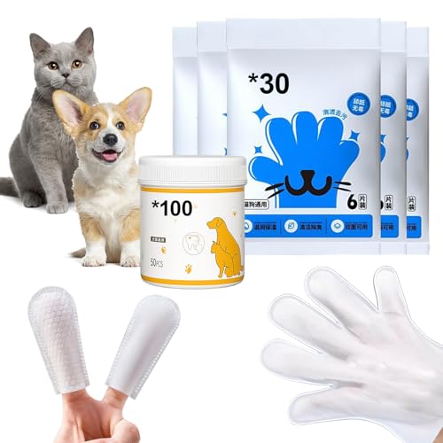 Reinigungshandschuhe für Hunde Katze 30 Stück & 100 Stück Finger-Pads für Haustiere Einweg-Reinigungsfingerlinge für Ohren, Kinn Augen, Einweg-Waschhandschuh für Reinigung und Fellpflege