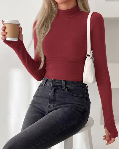 BTFBM Turtleneck Tops for Women Thumbhole Long Sleeve Shirts Red — view 6