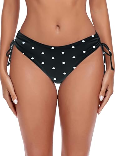 Ocean Blues Bikini Bottom con cordón lateral de cintura baja para mujer, Negro Lunares, S