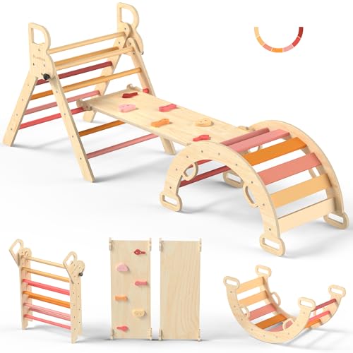 Image of BlueWood Pikler Triangle Set, Toddler Wooden Climbing Toys Indoor 7in1 Foldable Climber for Kids, Montessori Philosophy Play Jungle Gym with Arch, Ramp, Ladder (Farm Charm Autumn)