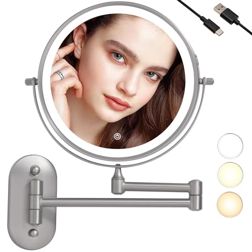 Specchio Da Trucco LED Da Parete Ricaricabile 20 Cm – 1X/10X Ingrandente, Braccio Estensibile Girevole 360°, Dimmerabile Touch