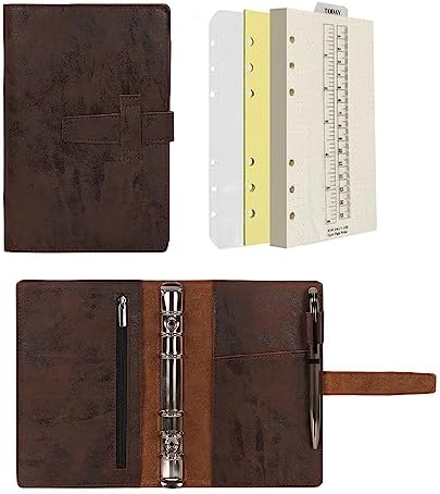 Wonderpool Leather Journal Refillable Binder A6 Writing Notebook Folder Organiser with Dotted Paper & Multi Pockets Cover for Business School Travel (A6, Coffee)