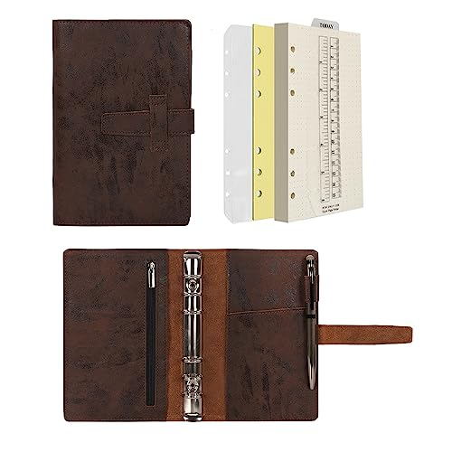 Wonderpool Leather Journal Refillable Binder A6 Writing Notebook Folder Organiser With Dotted Paper & Multi Pockets Cover For Business School Travel (A6, Coffee) #TOP28