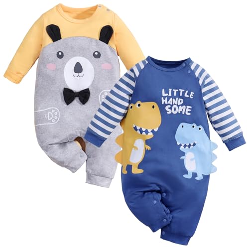 2-Pack Baby Boys Girls Clothes Newborn Cartoon Dinosaurs Print Long Sleeve Romper Animals Onesie