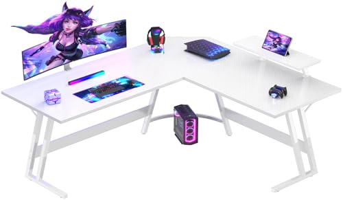 Devoko Gaming Tisch L Form mit Monitorständer, Eckschreibtisch für Gamer, Gaming Schreibtisch L Form, Groß Pc Computertisch, 150 x 130 cm, Kohlefaser Weiß