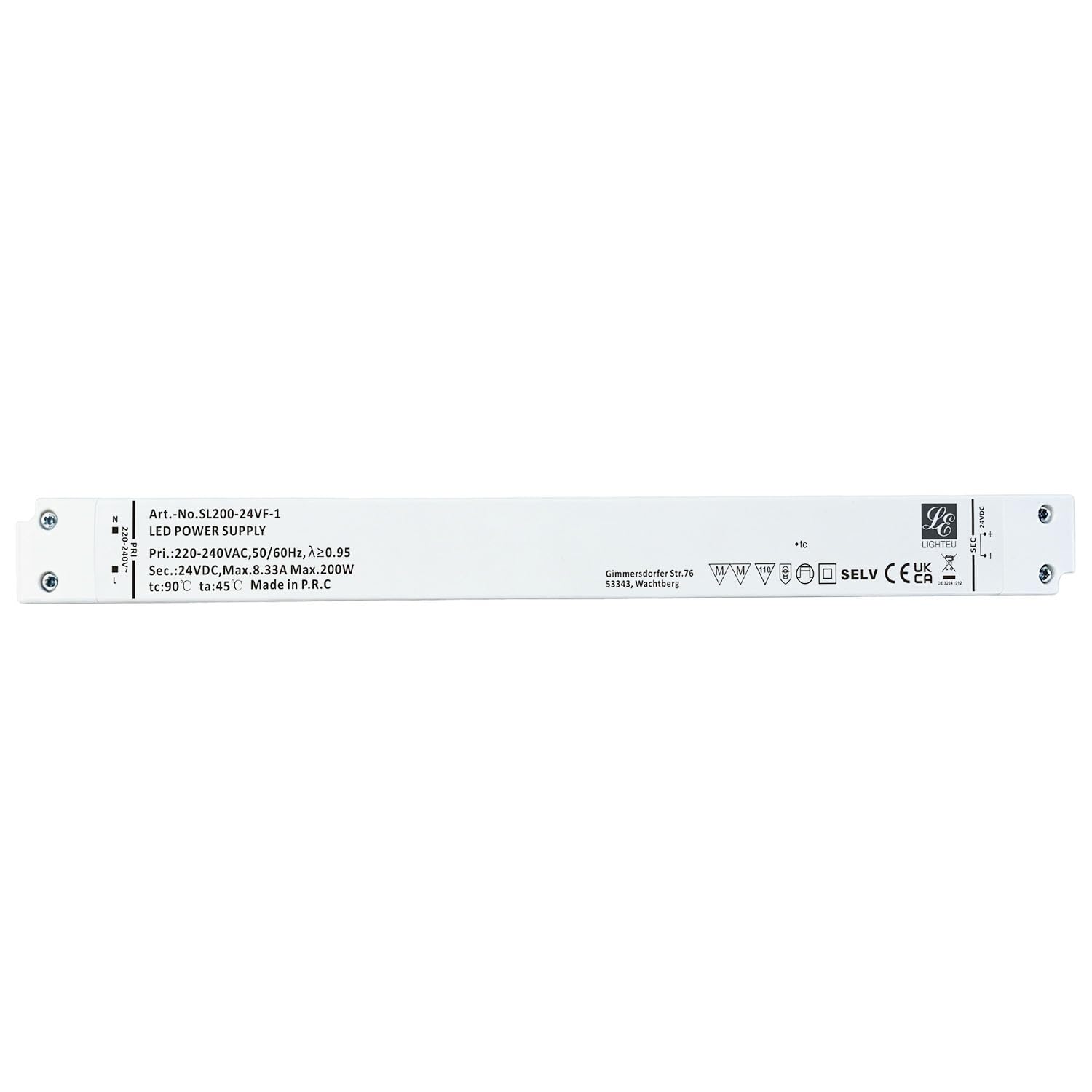 LIGHTEU, Ultra Slim Transformator LED Netzteil - 200 W, 24 V DC, 8,33 A - Konstante Spannung für LED Streifen Aluminiumprofile und LED Panel Rahmen extrem flache 320,6 * 30 * 18.2 mm SL200-24VF-1