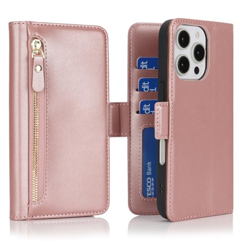 Housse iPhone 16 Pro Max clapet en similicuir premium or rose et finitions soignées