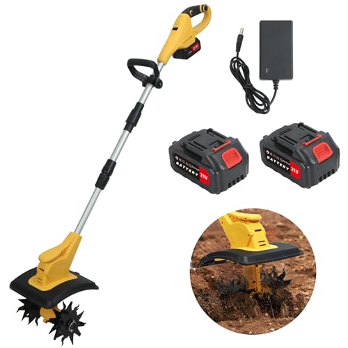 21V Cordless Garden Tiller Cultivator, 310RPM Electric Tiller with 2×3.0Ah Batteries & Charger, 9 Width 6 Depth, Battery Powered Mini Cultivator with Safety Lock for Soil, Flower Beds, Small Lawns