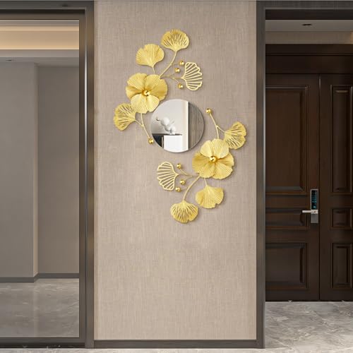 Tandefio 3 Pcs Metal Decorative Wall Mirrors for Living Room Metal Ginkgo Leaf Mirror Modern Creative Wall Decor Art Hanging Decor Mirror for Entrance Bedroom Living Room(Gold,16.inches)