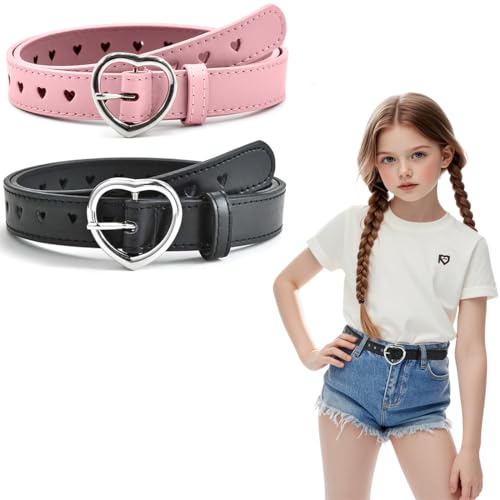 WXNPA 2 PCS Kindergürtel Mädchen, Girls Belt PU Leather Belts with Cute Hollow Heart Shape, Silver Metal Buckle Adjustable Waist Belt for Kids Dress Pants Jeans(Pink+Black)
