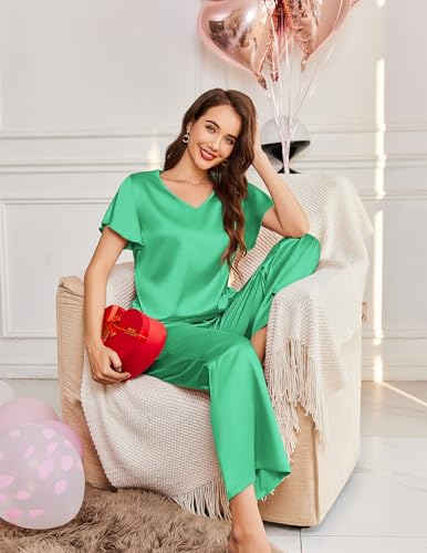 Image of Ekouaer Women's Satin Silky Pajama Set 2 Piece Short Sleeve Shirt with Long Pants Pjs Sets Soft PJ Loungewear S-XXL