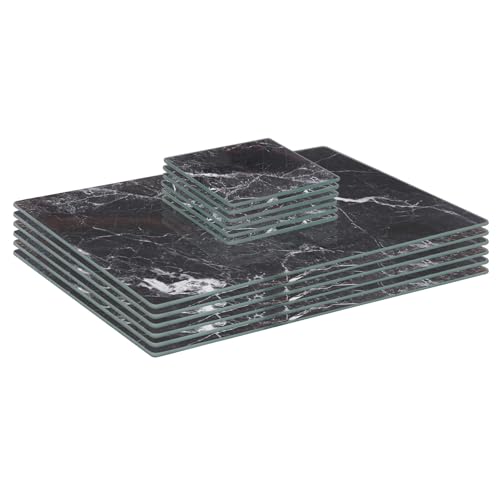 Harbour Housewares Rectangle Glass Placemats & Square Coasters Set - 30cm x 20cm - Black Marble - 12pc Tempered Heat-Resistant Non-Slip Rectangle Indoor Home Kitchen Table Plate Place Mat Mats Set