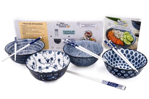 Mes poke bowls maison: Coffret avec 4 bols en céramiques, 4 paires de baguettes et 1 livre de 24 recettes