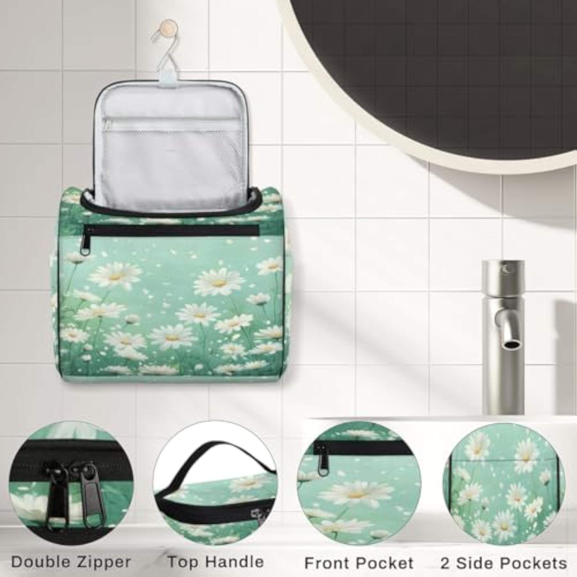 Daisies Green Hanging Toiletry Bag, Large Capacity