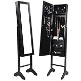 Black Mirrored Jewelry Cabinet Armoire Mirror Organizer Storage Box Ring W/Stand