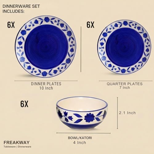 Image of Ceramic Dinner Set, Blue and White Floral Design, 18 Pieces, Microwave and Dishwasher Safe