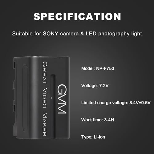 Image of GVM 2 Packs NP-F750 Replacement Batteries 7.2V 4400mAh with Dual Travel Chargers, Compatible with NP-F550 /570 /750 /770 /960 /970 /DCR /DSR /HDR /FDR /HVR /HVL Camera Camcorder LED Video Light Slider Monitor