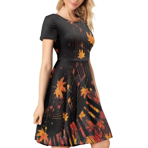 Image of POLERO Women Puffy Swing Elegant Party Midi Dresses Short Sleeve Round Neck A-Line Dress