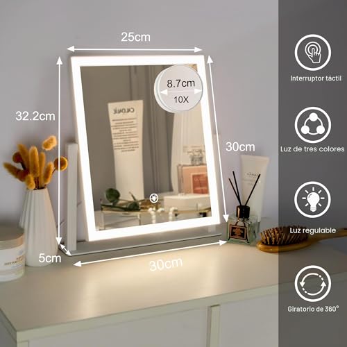 Miniatura 2 de Hycfyjr Espejo De Maquillaje Con Iluminación, Regulable Con Luz, Rotación De 360 , Espejo De Mesa Con 10 Aumentos, 3 Modos De Color, Espejo De Maquillaje Blanco