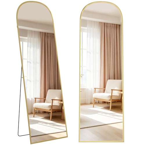 HOMCOM Espejo de Cuerpo Entero, Espejo de Pie Alto 170x50 cm, Diseño Arqueado, Independiente, Apoyado o Pared, Marco de Aluminio y Soporte, para Dormitorio, Salón, Vestuario, Dorado