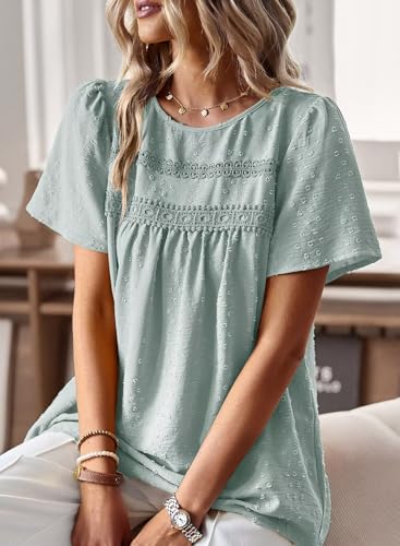 Image of Falechay Womens Summer Tops Crewneck Short Sleeve Shirts Casual Chiffon Blouses Flowy Lace Hem Boho Clothing Trendy 2026