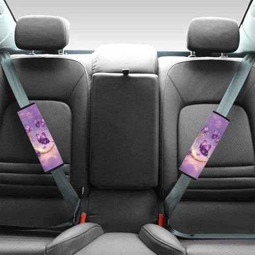 Image of AFPANQZ Purple Butterfly Moon Universal Safety Seat Belt Cover 2 Pack Truck Vans Sedans SUVs Seat Belt Pad Cushion for Women Girls Comfortable Shoulder Protectors