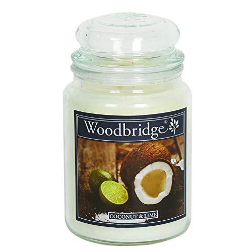 Woodbridge Vela aromática en tarro de cristal con tapa, aroma de lima de coco | velas aromáticas de coco | velas de larga duración (130 h) | Vela aromática grande | Velas blancas (565 g)