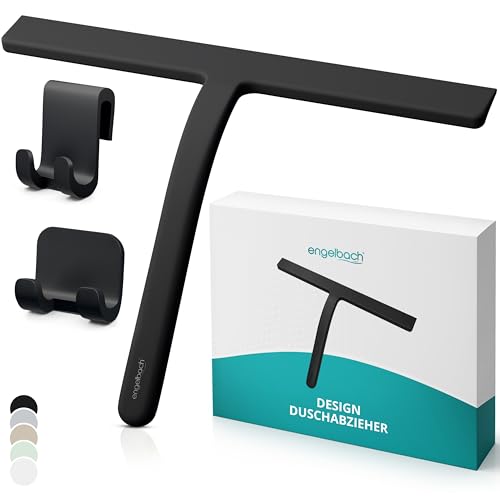 Engelbach Duschabzieher schwarz - streifenfreies Abziehen ohne Quietschen ergonomischer Abzieher Dusche mit rutschfestem Griff - Fensterabzieher Inkl. 2 Halterungen 28cm