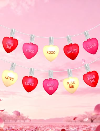 10.5ft Connectable Valentine's Day Lights - Tricolor Red, Pink & White Candy Hearts with Text - Plug-In Waterproof Outdoor Indoor String Lights for Party, Girls Room Decor, Classroom & Window Display