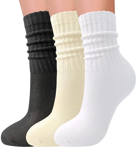 Image of 3 Pairs Slouch Socks for Women Soft Mid Calf Rib Scrunch Crew Tube Socks