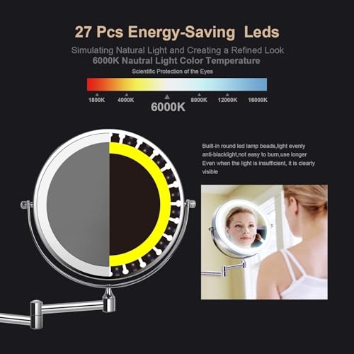 LED Vergrößerungsspiegel mit 360° Schwenkbar, verstellbare Beleuchtung für Make-up und Rasur
