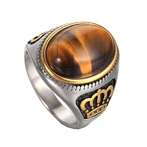 Bague couronne royale homme acier doré PAURO ornée d’une pierre précieuse vintage