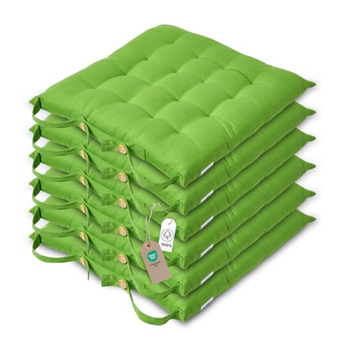Homescapes 6er Set Stuhlkissen 40x40 cm grün – Sitzkissen Outdoor/Indoor mit Baumwollbezug, Sitzpolster waschbar und Oeko-TEX-Zertifiziert für Esszimmer-, Küchen- & Gartenstühle