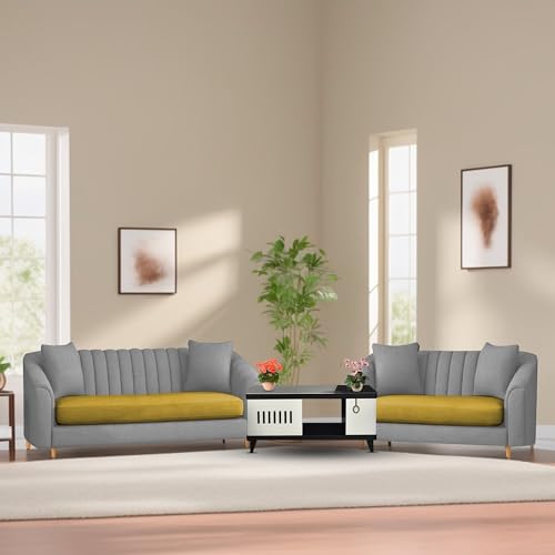 Image of Doraldo 3 + 2 Seater Sofa Set for Living Room (Yellow Grey) Premium Fabric Sofa