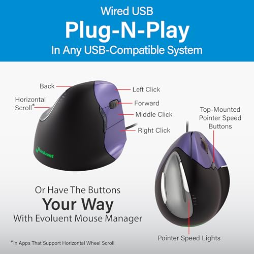 Image of Evoluent - Inventor of The Vertical Mouse - VM4S Ergonomic Vertical Mouse Right Hand Small Wired USB, Sculpted for Comfort, Reduces Wrist Strain, 4 Speeds, 6 Customizable Buttons in Windows