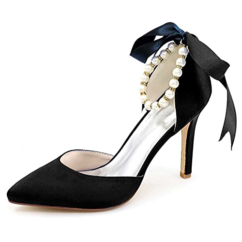 TarfiC Women's Platform Satin High Heels Pumps Closed Toe Pearl Strap Ankle Strap Shoes for Casual Work Wedding Dress Shoes
